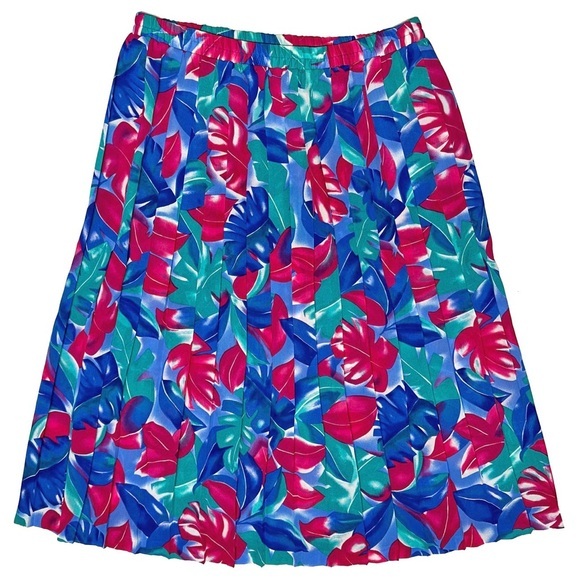 Vintage Koret Vibrant Tropical Leaves Pleated Midi Skirt Boho Coastal Summer 16 - Picture 1 of 10